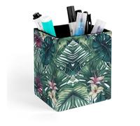 HETVBNS Tropical Leaves Pen Holder for Desk - PU Leather Square Desk Organizer Travel Makeup Brush Storage Stylish Pencil Holder Desktop Stationery Organizer for Office & Home