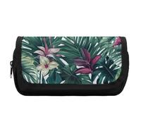 HETVBNS Tropical Leaves Pencil Case Extra Large, Double Layer Pencil Pouch with Zipper, Portable Cosmetic Bags for Travel, Office Stationery Organizer for Women Men
