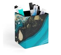 HETVBNS Turquoise Blue Gold Marble Pen Holder for Desk - PU Leather Square Desk Organizer Travel Makeup Brush Storage Stylish Pencil Holder Desktop Stationery Organizer for Office & Home