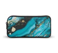 HETVBNS Turquoise Blue Gold Marble Pencil Case Large Capacity, Durable Pencil Pouch Portable Small Cosmetic Bag with Metal Zipper, Simple Makeup Pouch Aesthetic Toiletry Bag for Travel Office