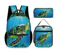 HETVBNS Turtle Swimming in The Sea Backpack Set 3 Piece, Durable Backpack Insulated Lunch Bag Portable Pencil Case for Men Women