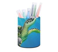 HETVBNS Turtle Swimming in The Sea Pen Holder for Desk PU Leather Round Desk Organizer Multifunctional Makeup Brush Storage Aesthetic Desktop Supplies Stylish Pencil Holder for Office & Home