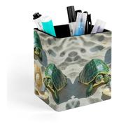 HETVBNS Two Turtles And Shells Pen Holder for Desk - PU Leather Square Desk Organizer Travel Makeup Brush Storage Stylish Pencil Holder Desktop Stationery Organizer for Office & Home
