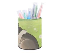 HETVBNS Two Wolf Hug Pen Holder for Desk PU Leather Round Desk Organizer Multifunctional Makeup Brush Storage Aesthetic Desktop Supplies Stylish Pencil Holder for Office & Home