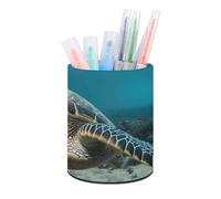 HETVBNS Underwater Diving Sea Turtle Pen Holder for Desk PU Leather Round Desk Organizer Multifunctional Makeup Brush Storage Aesthetic Desktop Supplies Stylish Pencil Holder for Office & Home