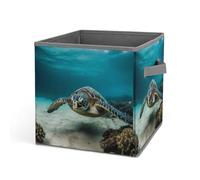 HETVBNS Underwater Diving Sea Turtle Storage Bins 10.6 Inch, Oxford Fabric Foldable Storage Cube Organizer Basket with Handles, Fabric Bins for Closet Shelves, Toys, Clothes, Books, Bedroom
