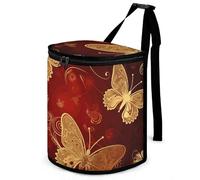 HETVBNS Valentine Hearts Golden Butterfly Car Trash Can with Lid, Leakproof Hanging Automotive Trash Bin, Waterproof Garbage Storage Bag for Vehicles, RV, Bathroom, Office