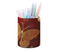 HETVBNS Valentine Hearts Golden Butterfly Pen Holder for Desk PU Leather Round Desk Organizer Multifunctional Makeup Brush Storage Aesthetic Desktop Supplies Stylish Pencil Holder for Office & Home