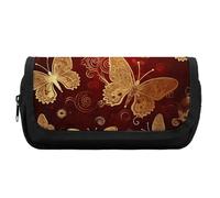 HETVBNS Valentine Hearts Golden Butterfly Pencil Case Extra Large, Double Layer Pencil Pouch with Zipper, Portable Cosmetic Bags for Travel, Office Stationery Organizer for Women Men