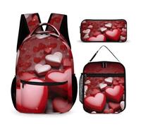 HETVBNS Valentines Love Hearts Backpack Set 3 Piece, Durable Backpack Insulated Lunch Bag Portable Pencil Case for Men Women