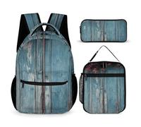 HETVBNS Vintage Blue Wood Backpack Set 3 Piece, Durable Backpack Insulated Lunch Bag Portable Pencil Case for Men Women