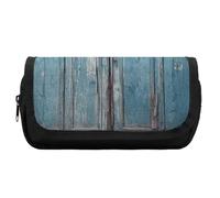 HETVBNS Vintage Blue Wood Pencil Case Extra Large, Double Layer Pencil Pouch with Zipper, Portable Cosmetic Bags for Travel, Office Stationery Organizer for Women Men