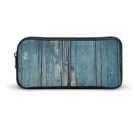 HETVBNS Vintage Blue Wood Pencil Case Large Capacity Zipper Pouch, Durable Pencil Box Organizer, Portable Small Cosmetic Bag for Office, Travel