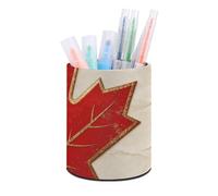 HETVBNS Vintage Canada Flag Pen Holder for Desk PU Leather Round Desk Organizer Multifunctional Makeup Brush Storage Aesthetic Desktop Supplies Stylish Pencil Holder for Office & Home