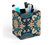 HETVBNS Vintage Mandala Flowers Pen Holder for Desk - PU Leather Square Desk Organizer Travel Makeup Brush Storage Stylish Pencil Holder Desktop Stationery Organizer for Office & Home