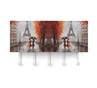 HETVBNS Wall Mounted Key Holder with 5 Hooks Self Adhesive Keys Hooks Eiffel Tower Paris Painting Keys Organizer for Wall Decorative Key Hanger Hanging Rack for Hallway Entry Door Office