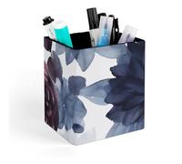 HETVBNS Watercolor Dark Blue Pattern Pen Holder for Desk - PU Leather Square Desk Organizer Travel Makeup Brush Storage Stylish Pencil Holder Desktop Stationery Organizer for Office & Home