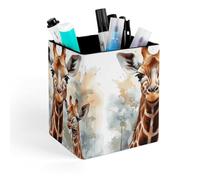 HETVBNS Watercolor Deer Giraffe Pen Holder for Desk - PU Leather Square Desk Organizer Travel Makeup Brush Storage Stylish Pencil Holder Desktop Stationery Organizer for Office & Home