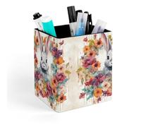 HETVBNS Watercolor Rabbit And Flowers Pen Holder for Desk - PU Leather Square Desk Organizer Travel Makeup Brush Storage Stylish Pencil Holder Desktop Stationery Organizer for Office & Home