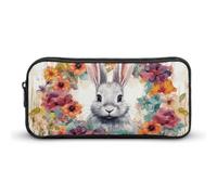 HETVBNS Watercolor Rabbit And Flowers Pencil Case Large Capacity, Durable Pencil Pouch Portable Small Cosmetic Bag with Metal Zipper, Simple Makeup Pouch Aesthetic Toiletry Bag for Travel Office