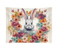 HETVBNS Watercolor Rabbit And Flowers Tapestry Wall Hanging - 30"x40" Aesthetic Tapestries Soft Polyester Wall Art Decor Large Tapestry for Bedroom Living Room Dorm Backdrop, Hanging Kit Included