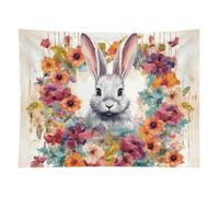 HETVBNS Watercolor Rabbit And Flowers Tapestry Wall Hanging - 60"x80" Aesthetic Tapestries Soft Polyester Wall Art Decor Large Tapestry for Bedroom Living Room Dorm Backdrop, Hanging Kit Included