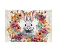 HETVBNS Watercolor Rabbit And Flowers Tapestry Wall Hanging - 60"x90" Aesthetic Tapestries Soft Polyester Wall Art Decor Large Tapestry for Bedroom Living Room Dorm Backdrop, Hanging Kit Included
