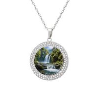 HETVBNS - Waterfall Landscape Painting Necklace, Alloy Round Pendant with Diamond, Elegant Pendant Necklace for Women Men, Una talla, Metal, Alloy.