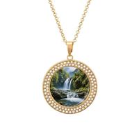 HETVBNS - Waterfall Landscape Painting Necklace, Alloy Round Pendant with Diamond, Elegant Pendant Necklace for Women Men, Una talla, Metal, Alloy.