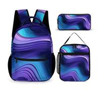 HETVBNS Wavy Purple Backpack Set 3 Piece, Durable Backpack Insulated Lunch Bag Portable Pencil Case for Men Women
