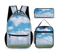 HETVBNS White Clouds Sky Backpack Set 3 Piece, Durable Backpack Insulated Lunch Bag Portable Pencil Case for Men Women