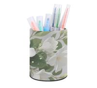 HETVBNS White Floral Green Leaf Pen Holder for Desk PU Leather Round Desk Organizer Multifunctional Makeup Brush Storage Aesthetic Desktop Supplies Stylish Pencil Holder for Office & Home