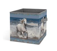 HETVBNS White Horse Running on The Sea Storage Bins 10.6 Inch, Oxford Fabric Foldable Storage Cube Organizer Basket with Handles, Fabric Bins for Closet Shelves, Toys, Clothes, Books, Bedroom
