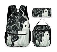 HETVBNS White Patterned Ghost Backpack Set 3 Piece, Durable Backpack Insulated Lunch Bag Portable Pencil Case for Men Women