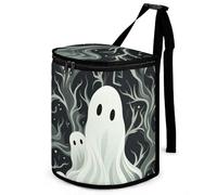 HETVBNS White Patterned Ghost Car Trash Can with Lid, Leakproof Hanging Automotive Trash Bin, Waterproof Garbage Storage Bag for Vehicles, RV, Bathroom, Office