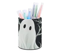 HETVBNS White Patterned Ghost Pen Holder for Desk PU Leather Round Desk Organizer Multifunctional Makeup Brush Storage Aesthetic Desktop Supplies Stylish Pencil Holder for Office & Home