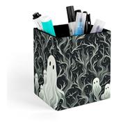 HETVBNS White Patterned Ghost Pen Holder for Desk - PU Leather Square Desk Organizer Travel Makeup Brush Storage Stylish Pencil Holder Desktop Stationery Organizer for Office & Home