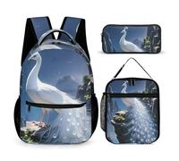 HETVBNS White Peacock And Moon Backpack Set 3 Piece, Durable Backpack Insulated Lunch Bag Portable Pencil Case for Men Women