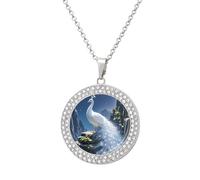 HETVBNS - White Peacock and Moon Necklace, Alloy Round Pendant with Diamond, Elegant Pendant Necklace for Women Men, Una talla, Metal, Alloy.