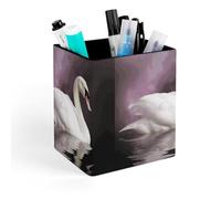 HETVBNS White Swan Pen Holder for Desk - PU Leather Square Desk Organizer Travel Makeup Brush Storage Stylish Pencil Holder Desktop Stationery Organizer for Office & Home