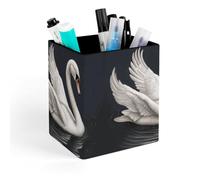 HETVBNS White Swan Pen Holder for Desk - PU Leather Square Desk Organizer Travel Makeup Brush Storage Stylish Pencil Holder Desktop Stationery Organizer for Office & Home