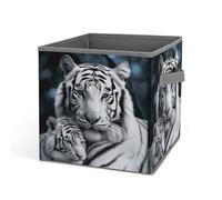 HETVBNS White Tiger Storage Bins 10.6 Inch, Oxford Fabric Foldable Storage Cube Organizer Basket with Handles, Fabric Bins for Closet Shelves, Toys, Clothes, Books, Bedroom
