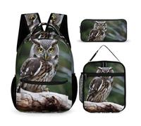 HETVBNS Wild Owl Birds Backpack Set 3 Piece, Durable Backpack Insulated Lunch Bag Portable Pencil Case for Men Women
