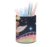 HETVBNS Winged Bear Pen Holder for Desk PU Leather Round Desk Organizer Multifunctional Makeup Brush Storage Aesthetic Desktop Supplies Stylish Pencil Holder for Office & Home