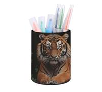 HETVBNS With Tiger And Paws Pen Holder for Desk PU Leather Round Desk Organizer Multifunctional Makeup Brush Storage Aesthetic Desktop Supplies Stylish Pencil Holder for Office & Home
