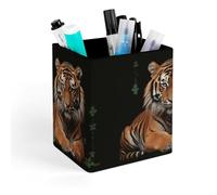 HETVBNS With Tiger And Paws Pen Holder for Desk - PU Leather Square Desk Organizer Travel Makeup Brush Storage Stylish Pencil Holder Desktop Stationery Organizer for Office & Home
