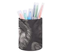 HETVBNS Wolf Head Pattern Pen Holder for Desk PU Leather Round Desk Organizer Multifunctional Makeup Brush Storage Aesthetic Desktop Supplies Stylish Pencil Holder for Office & Home