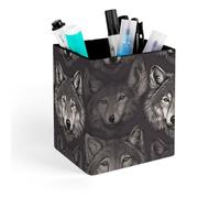 HETVBNS Wolf Head Pattern Pen Holder for Desk - PU Leather Square Desk Organizer Travel Makeup Brush Storage Stylish Pencil Holder Desktop Stationery Organizer for Office & Home