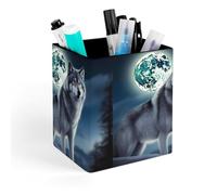 HETVBNS Wolf Under Moon Pen Holder for Desk - PU Leather Square Desk Organizer Travel Makeup Brush Storage Stylish Pencil Holder Desktop Stationery Organizer for Office & Home