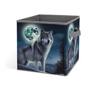 HETVBNS Wolf Under Moon Storage Bins 10.6 Inch, Oxford Fabric Foldable Storage Cube Organizer Basket with Handles, Fabric Bins for Closet Shelves, Toys, Clothes, Books, Bedroom